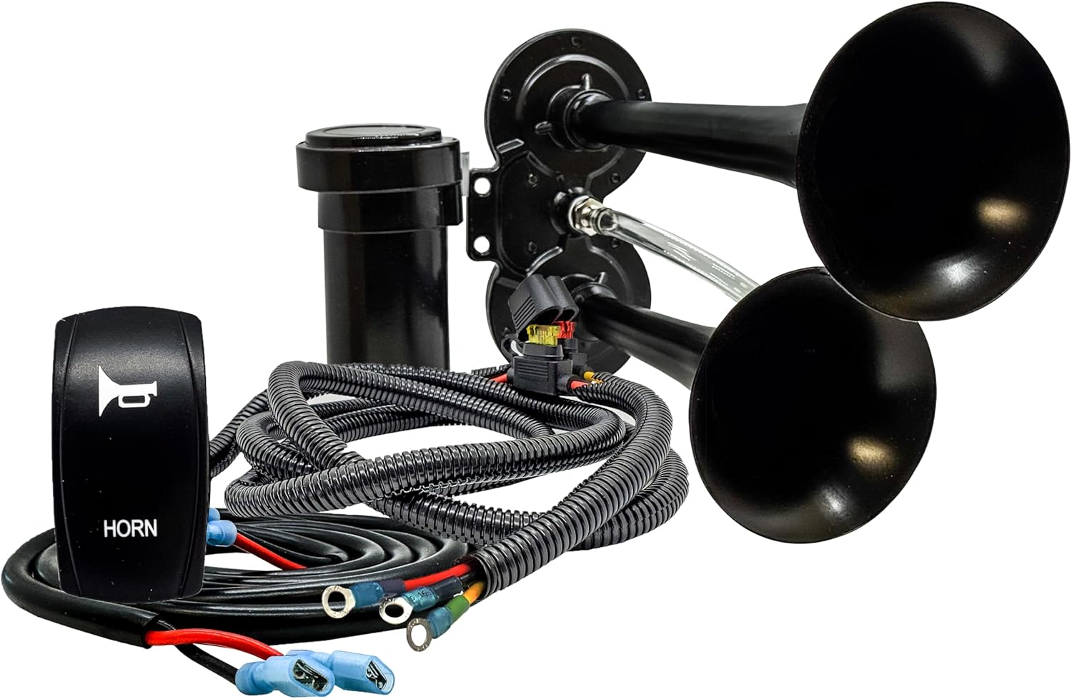 Air Horn Dual Trumpet with Power Busbar Distribution Block Wire Harness Kit Compatible with Can-Am Maverick X3 Max RS Turbo RR, Sport, Trail, Commander and Defender.
