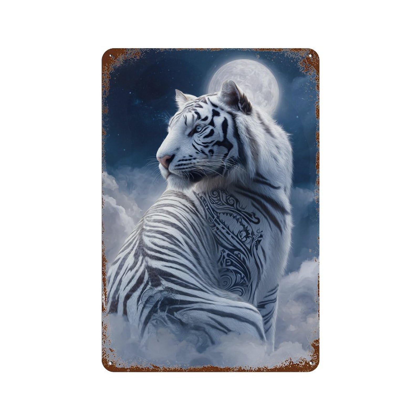 White Tiger Moonlit Sky Distressed Metal Wall Sign 11.8"x7.9", Ideal for Pub, Kitchen And Man Cave Decor