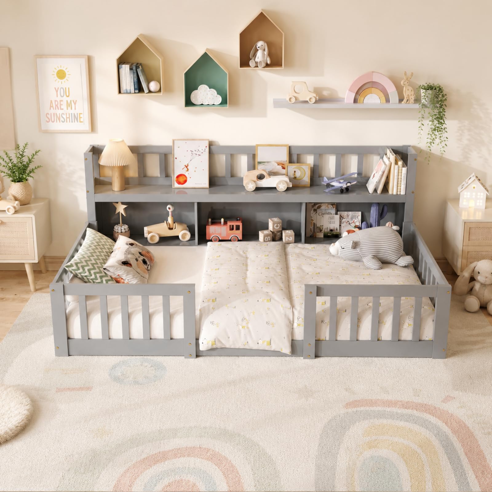 Letto Montessori, 90 x 200 cm, per bambini, testiera con libreria integrata