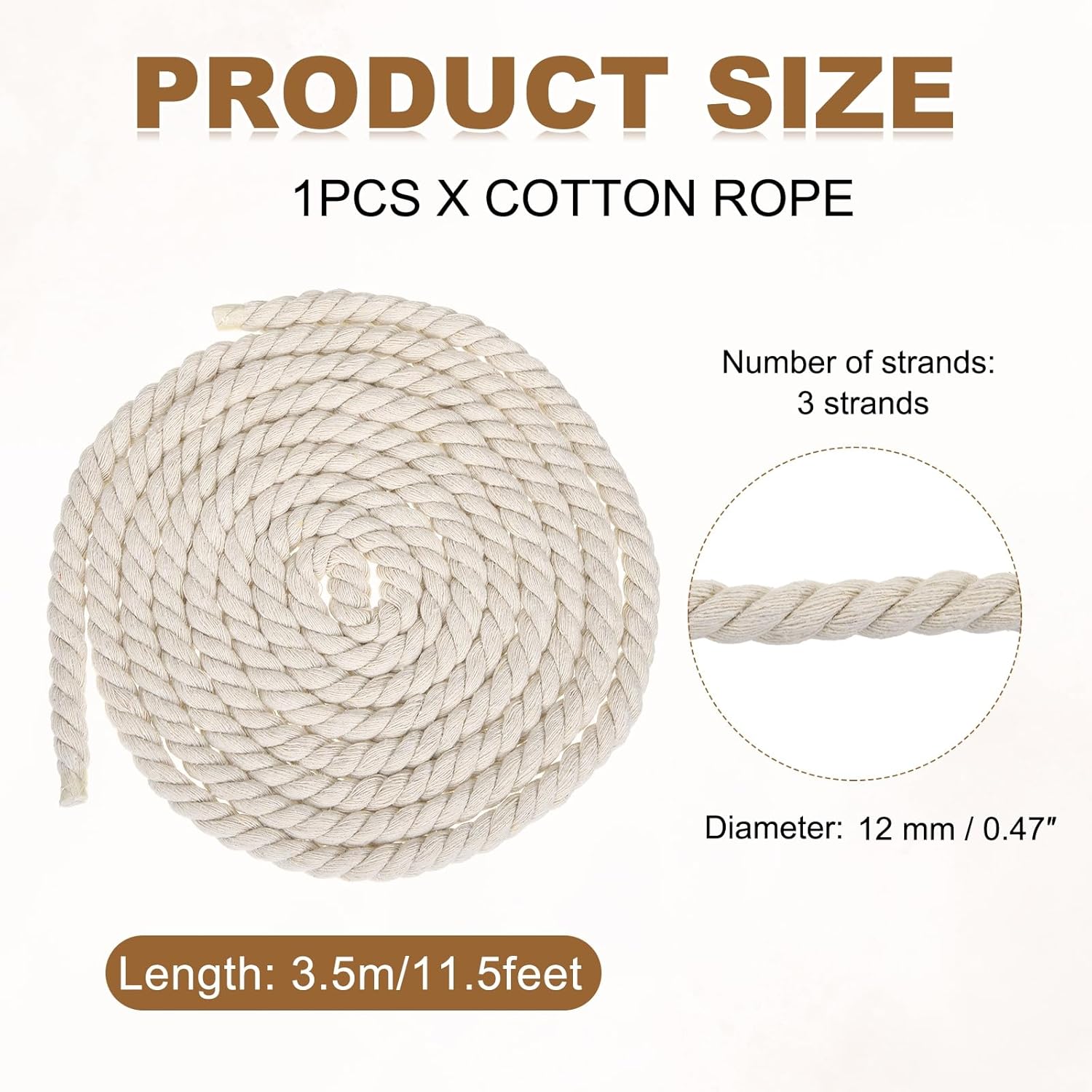 MECCANIXITY 12mm x 11.5 Feet Beige Cotton Rope, 3 Strand Clothes Line Outdoors Twisted Braided Thick Macrame Cord for DIY Wall Hanging Plant Hanger Knotting Clothesline