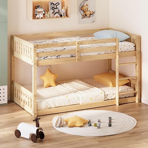 JOYMOR Low Twin Over Twin Bunk Bed for Kids/Junior, Wood Twin Bunk Bed Frame with Guardrails & Ladder for Boys Girls, Mattress Not Included