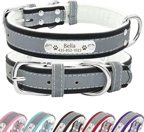 Senristar Collar de perro de cuero reflectante personalizado con forro cálido, collar de perro personalizado con placa de nombre grabada para perros