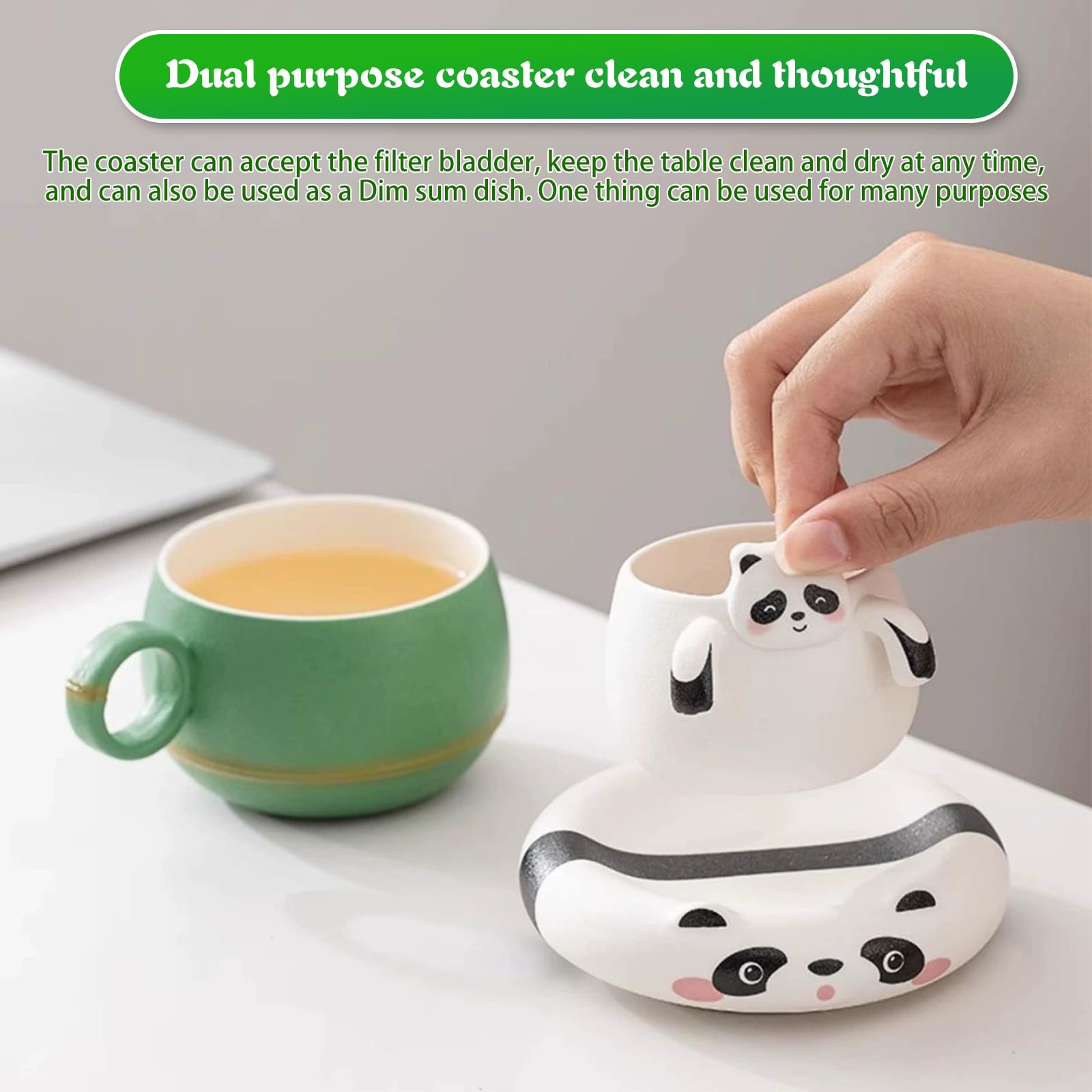 OHAANYY Juego de tazas de té de panda, taza de té y café de cerámica con colador, platillo y cuchara, divertida taza de animales con separador de té, 240 ml, regalo creativo para mujeres (verde y