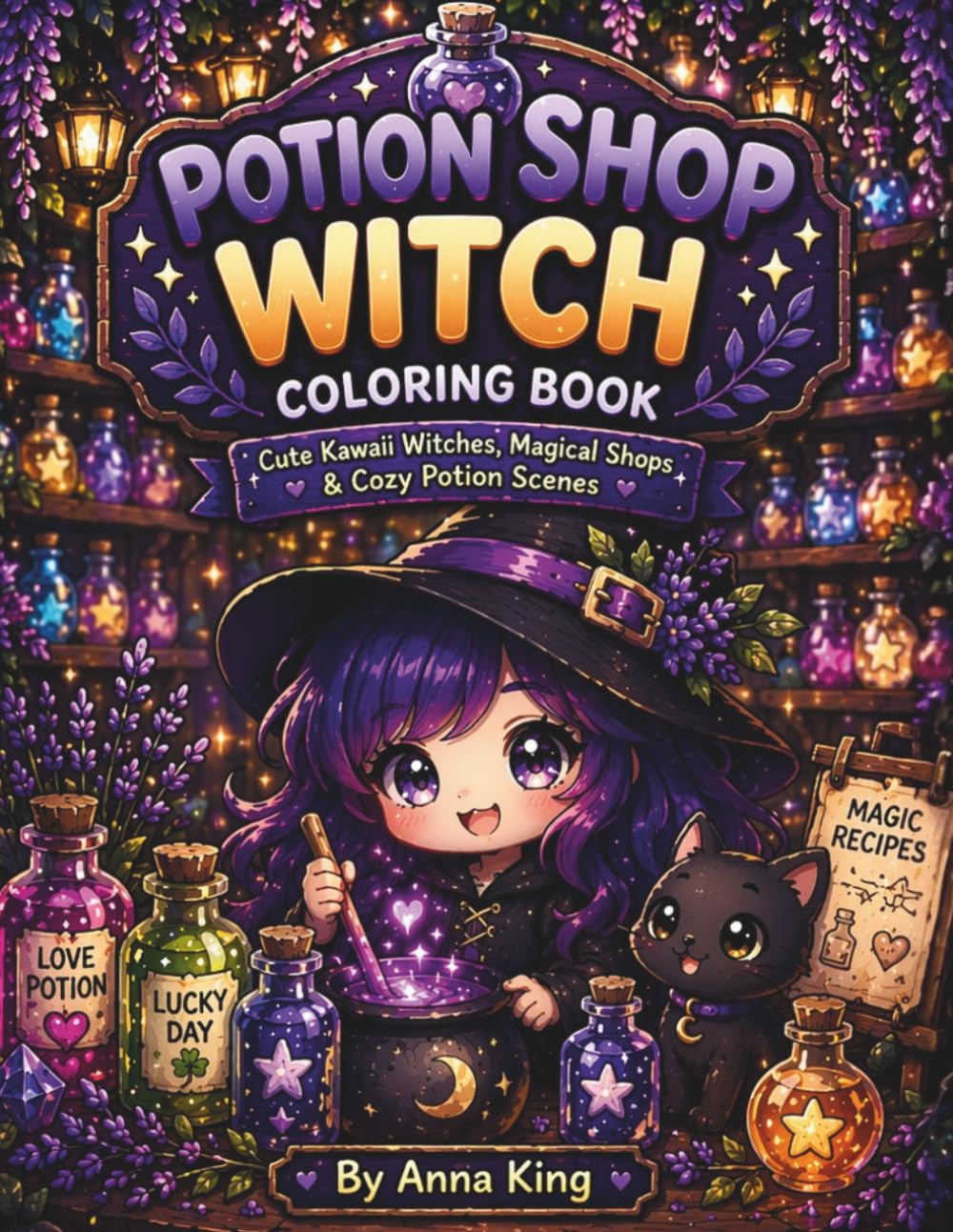Potion Shop Witch Coloring Book: 50 Cute Kawaii Witches, Magical Potion Shops, Cozy Spell Scenes & Relaxing Coloring Pages for Stress Relief