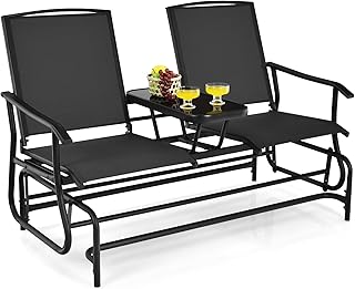 S AFSTAR 2-Person Outdoor Glider, Patio Glider Bench Chairs with Center Tempered Glass Table & Breathable Loveseat, Double Swing Glider Chair for Porch Garden Poolside Balcony Lawn (Black)