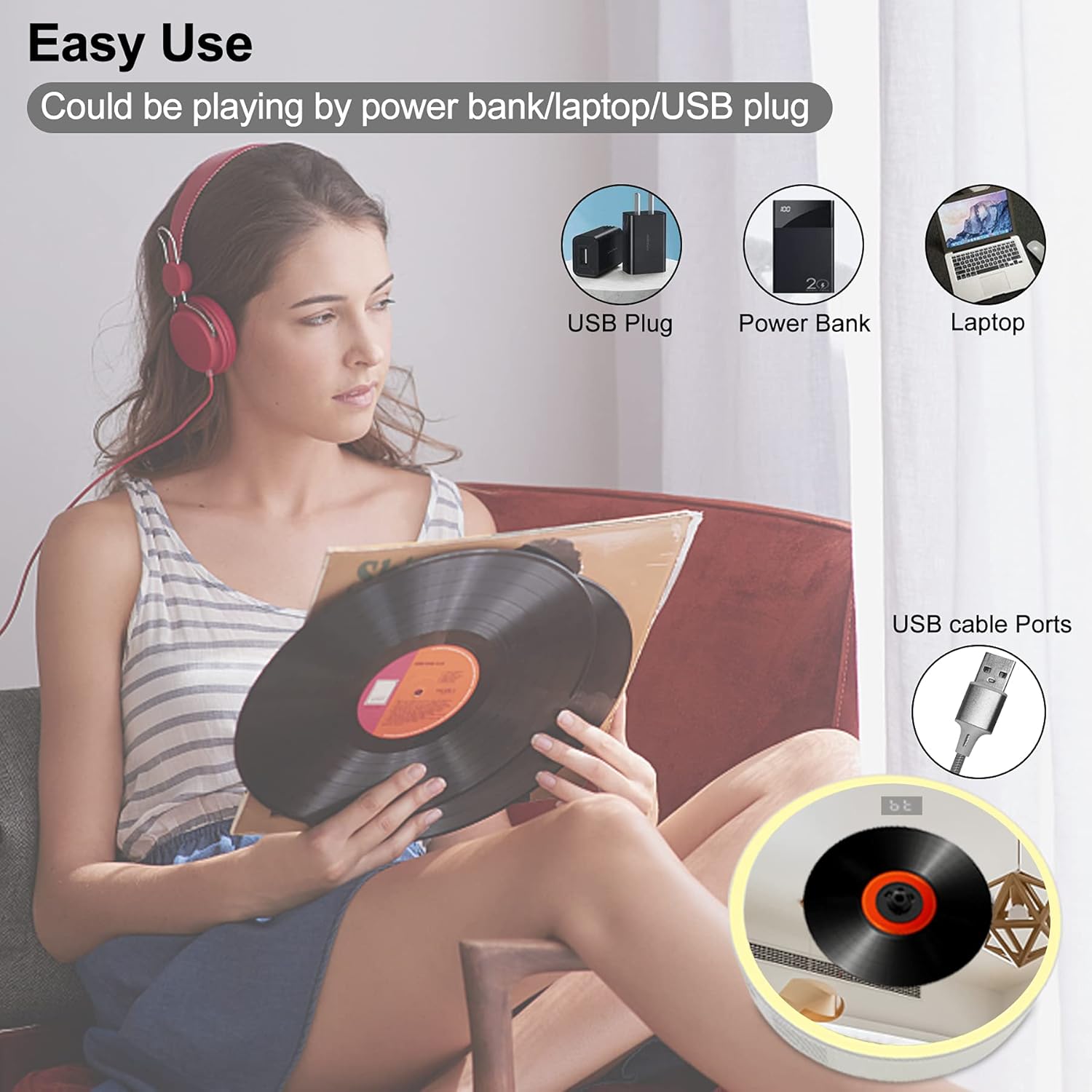 A ZUNKOM CD player wall-mounted in a living room setting, with a graphic overlay showing the FM radio frequency range and icons representing home, music, weather, and traffic information, indicating the player's FM radio capability.