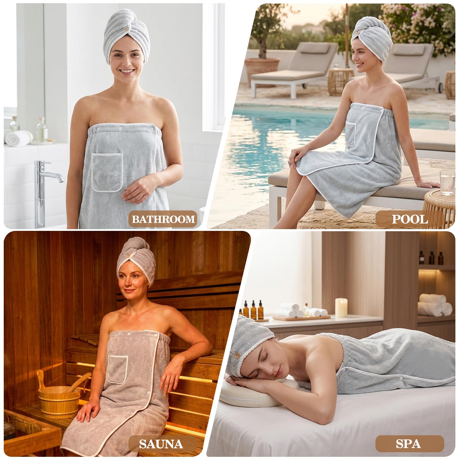 80x150 cm Kilt da Sauna Donna, Asciugamano da Sauna con Chiusura Regolabile a Bottoni e Tasche, Asciugamano per Capelli Accappatoio da Sauna da Donna per Doccia, Spiaggia, Piscina, Spa