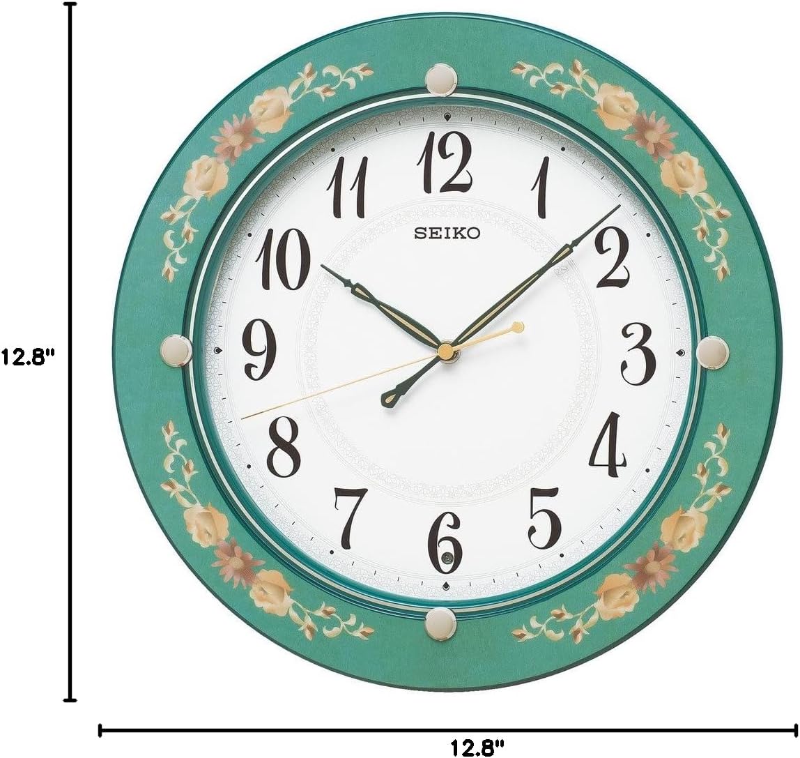 Seiko Clock KX220M Wall Clock, Radio, Analog, Wooden Frame, Green, Floral Pattern, Pattern