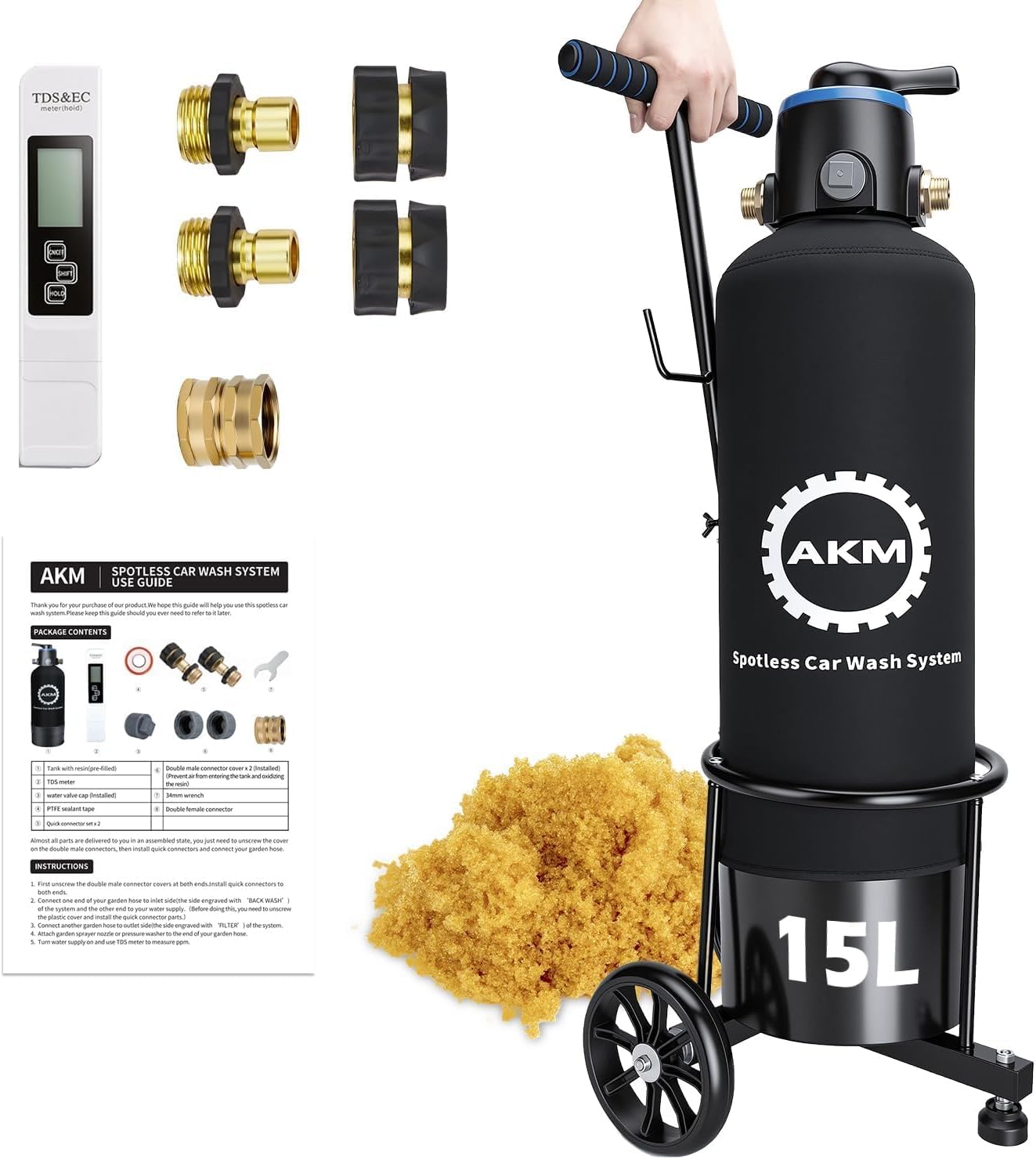 AKM Spotless Water System for car wash,Pre-Filled with DI 15L Resin, with Bypass, DI Water System,Garden Hose Quick Connector, Deionized Water System for RV, Vehicles, Bikes, Boats, No Spots