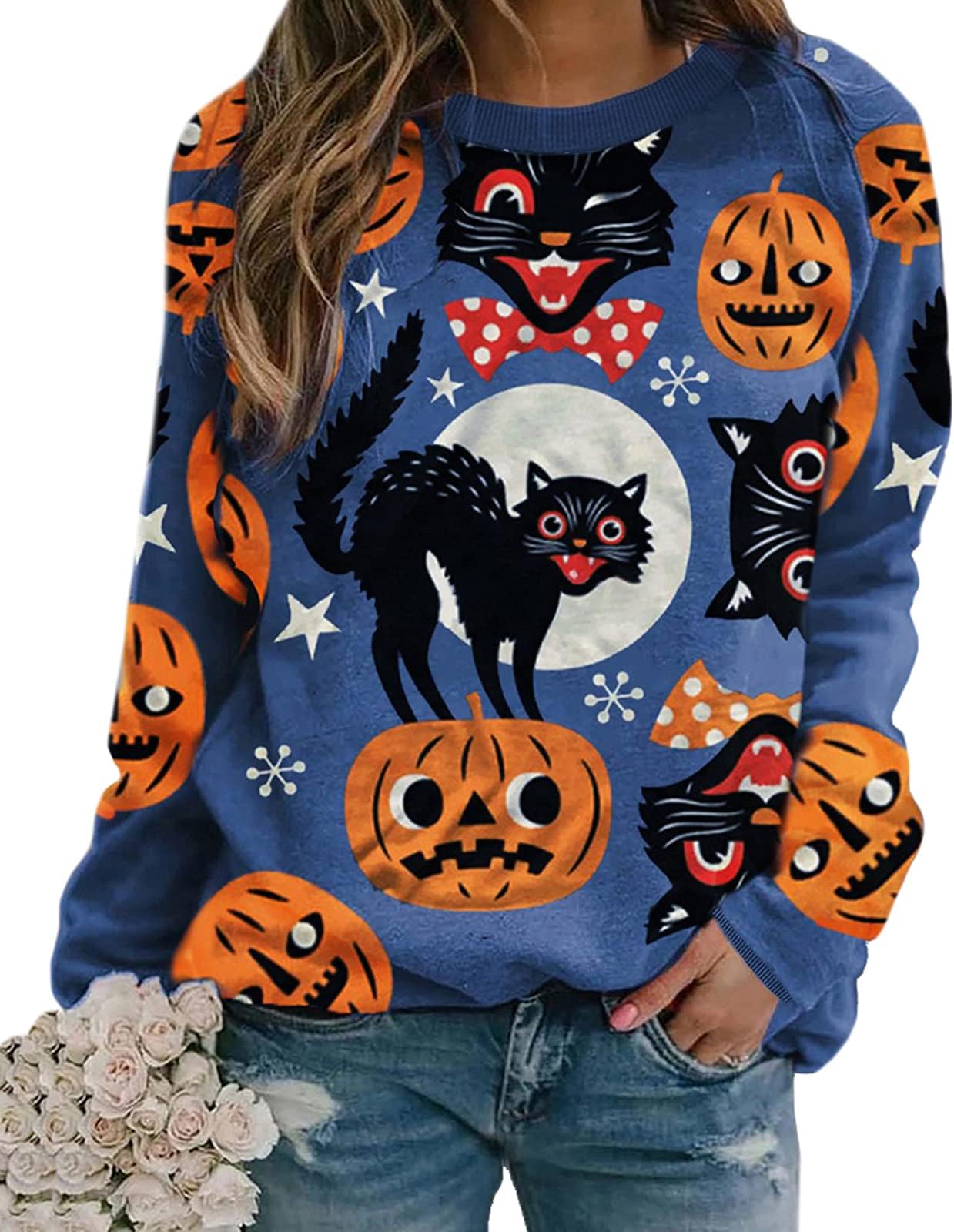 NeyaolkPumpkin-Sweatshirt Halloween Crewneck Shirt - Cats Graphic Printed Long Sleeve Loose Pullover Top