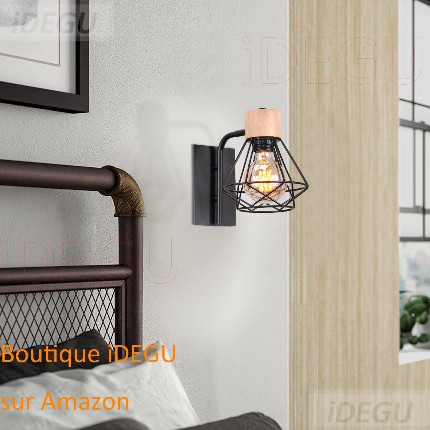 iDEGU Lot de 2 Applique Murale Intérieure Industrielle Luminaire Réglable en Bois Fer Design Cage Noir Rétro Éclairage E27 Lampe Murale Vintage pour Chambre Salon Cuisine (Applique Réglable, 2 Pack)
