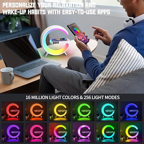 Miniatura 5 de Lámpara de escritorio ambiental LED inteligente, cargador inalámbrico 4 en 1, luz ambiental de ritmo musical, reloj despertador y altavoz Bluetooth
