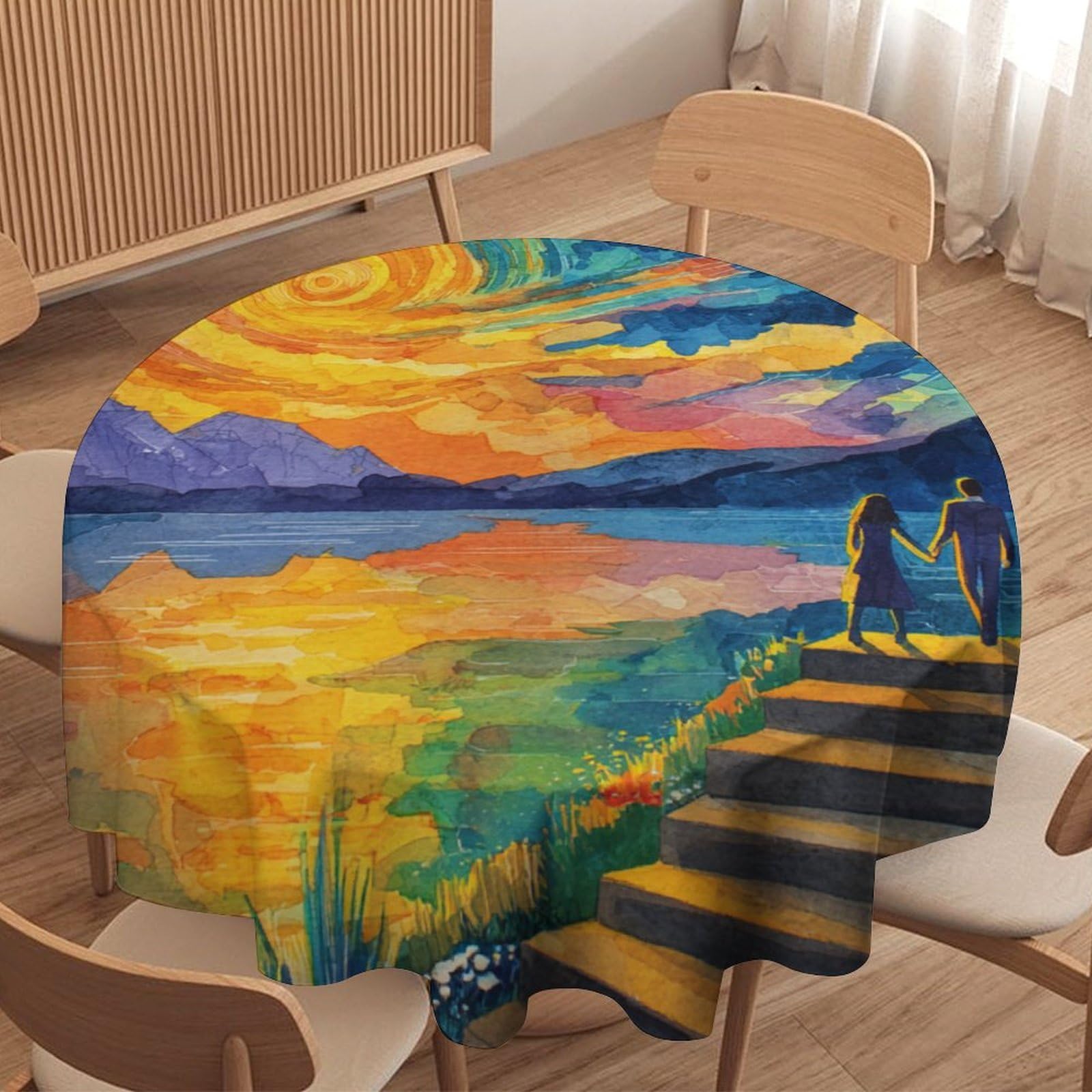 LUYYSKY Beautiful Fantasy Starry Night Round Tablecloth Colorful Romantic Galaxy Sky Nebula Romantic Couple Washable Decor for Table Cover for Kitchen-152.4" Wx152.4 L cm