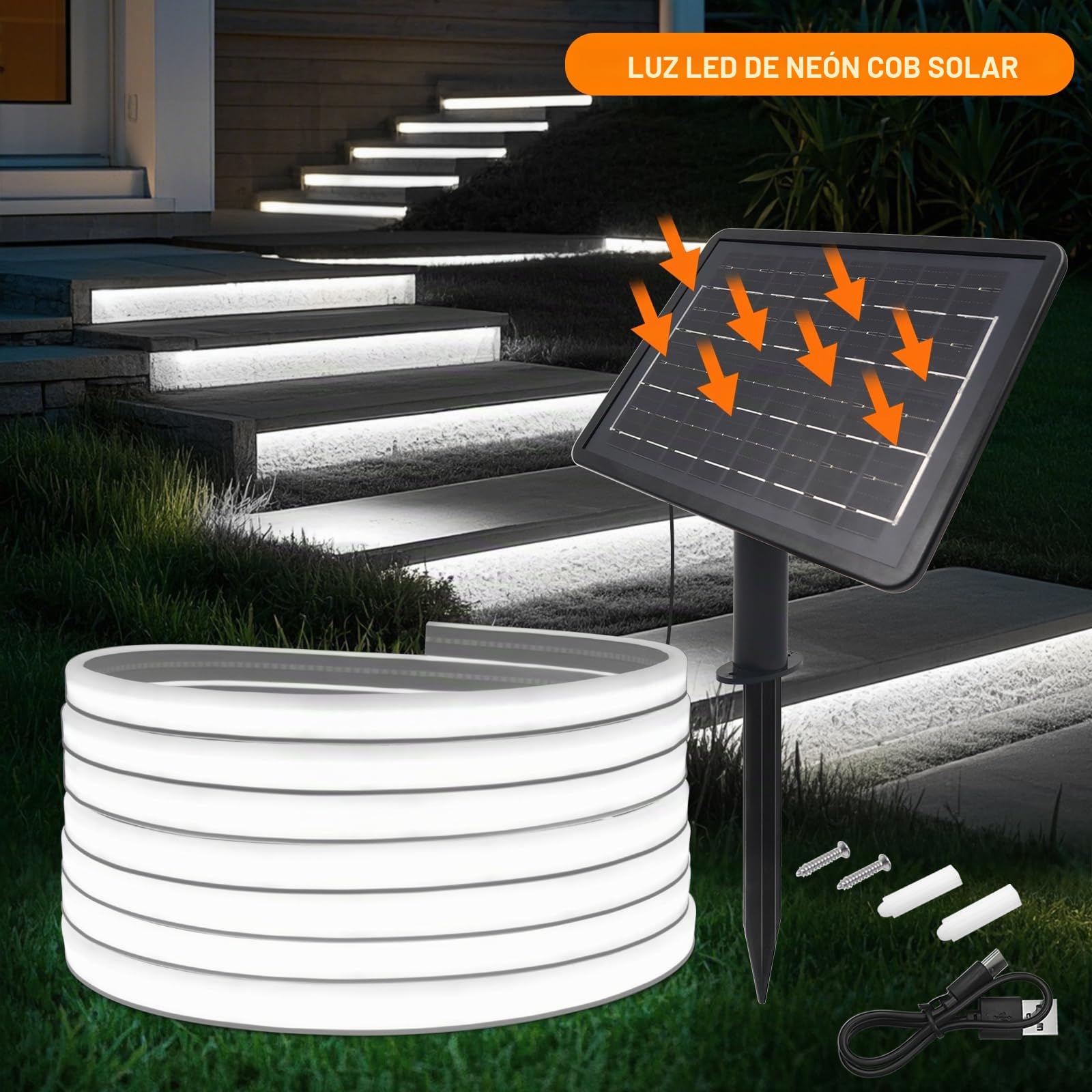 24V Tira LED de neón COB[10M,Blanco 6000-6500K],flexible e impermeable IP67,8 modos,alimentación por USB/energía solar,320LEDs/m,1200mAh Tiras LED,iluminación decorativa para el hogar