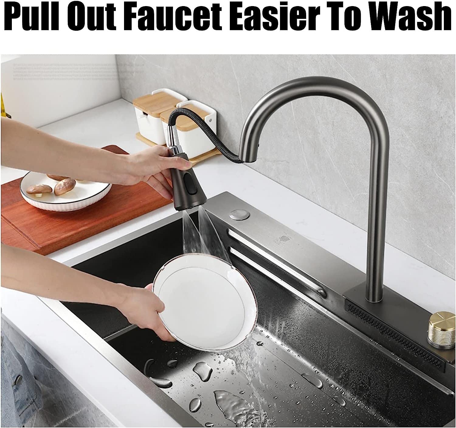 Fregadero De Barra De Cocina Negro Grande con Grifo Purificador, Grifo Extraíble, Botón De Drenaje, Lavavasos Y Kits De Instalación, Fregadero De Cocina De Un Seno De Acero Inoxidable 304 (T