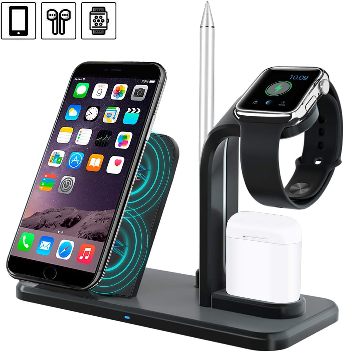 Wireless Charger Stand, Amabana 4 in 1 Wireless Charging Station for iPhone Xs/X Max/XR/X/8/8Plus/iWatch/AirPods, Qi Certified Wireless Charging Dock with USB Port