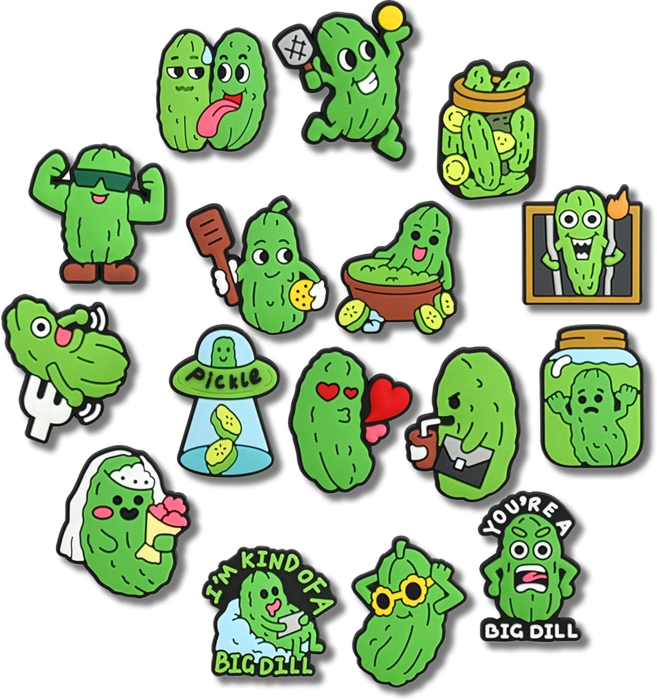 16PCS Pickle Shoe Charms Set, Funny Green Pickle PVC Charms for Clog Sandals, Cute Meme Shoe Decorations for Backpacks, for Teens & Adults (Not a Toy)