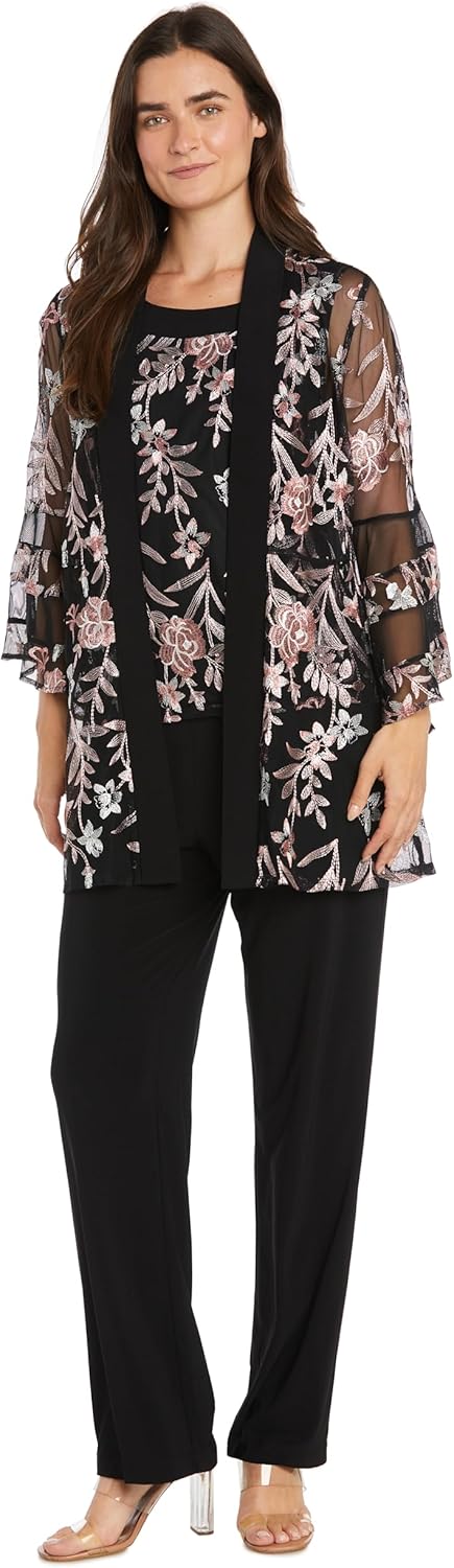R&M Richards Women's Elegant 2-Piece Mock Pantsuit W/Threadwork & Illusion Bell Sleeve | Formal Evening Cocktail Attire