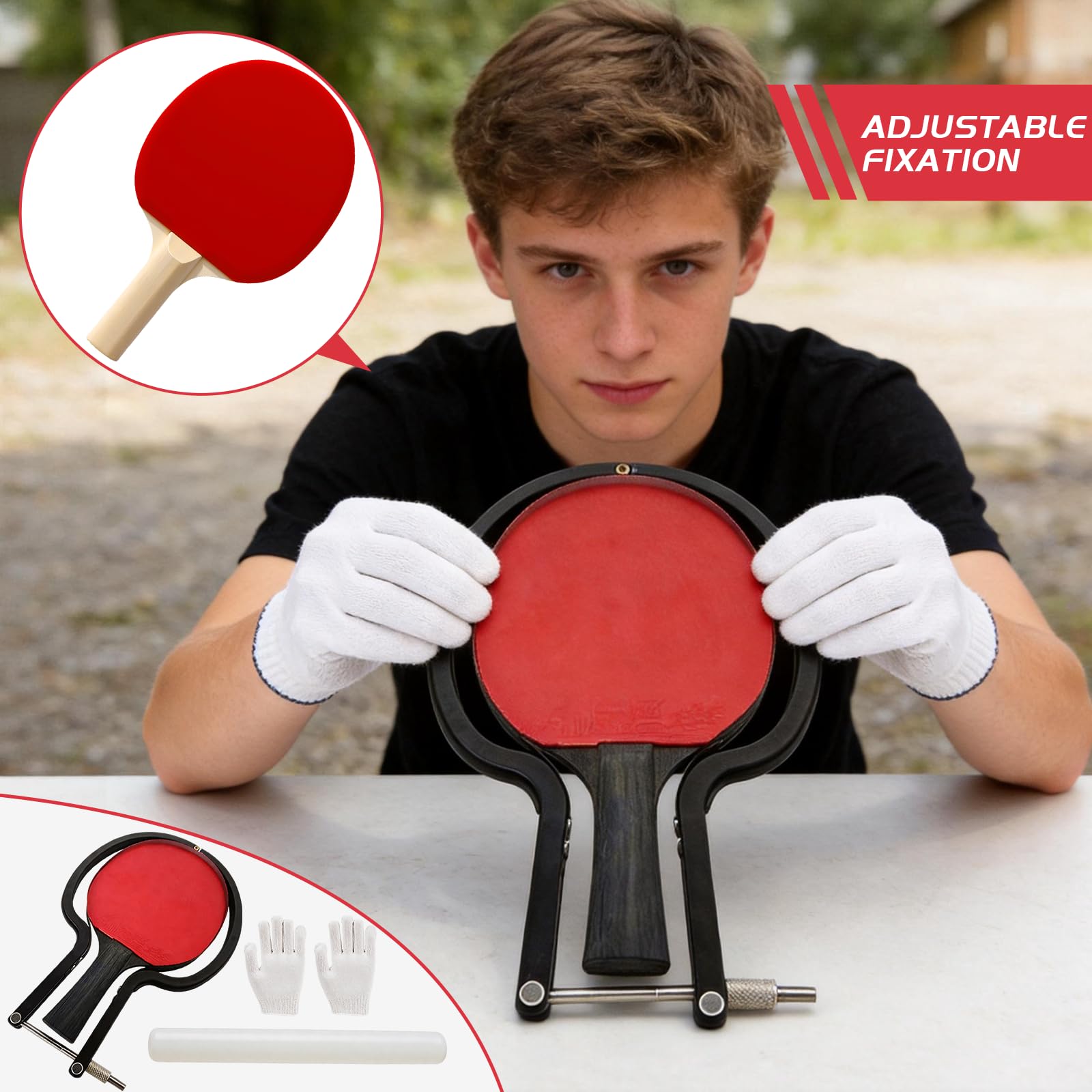 Taglierina per Gomme da Tennis da Tavolo, Kit Strumento di Taglio ad Arco Regolabile con Bastone in Legno e Guanto Accessorio Professionale per Rivestimenti Ping Pong Universale per Racchette