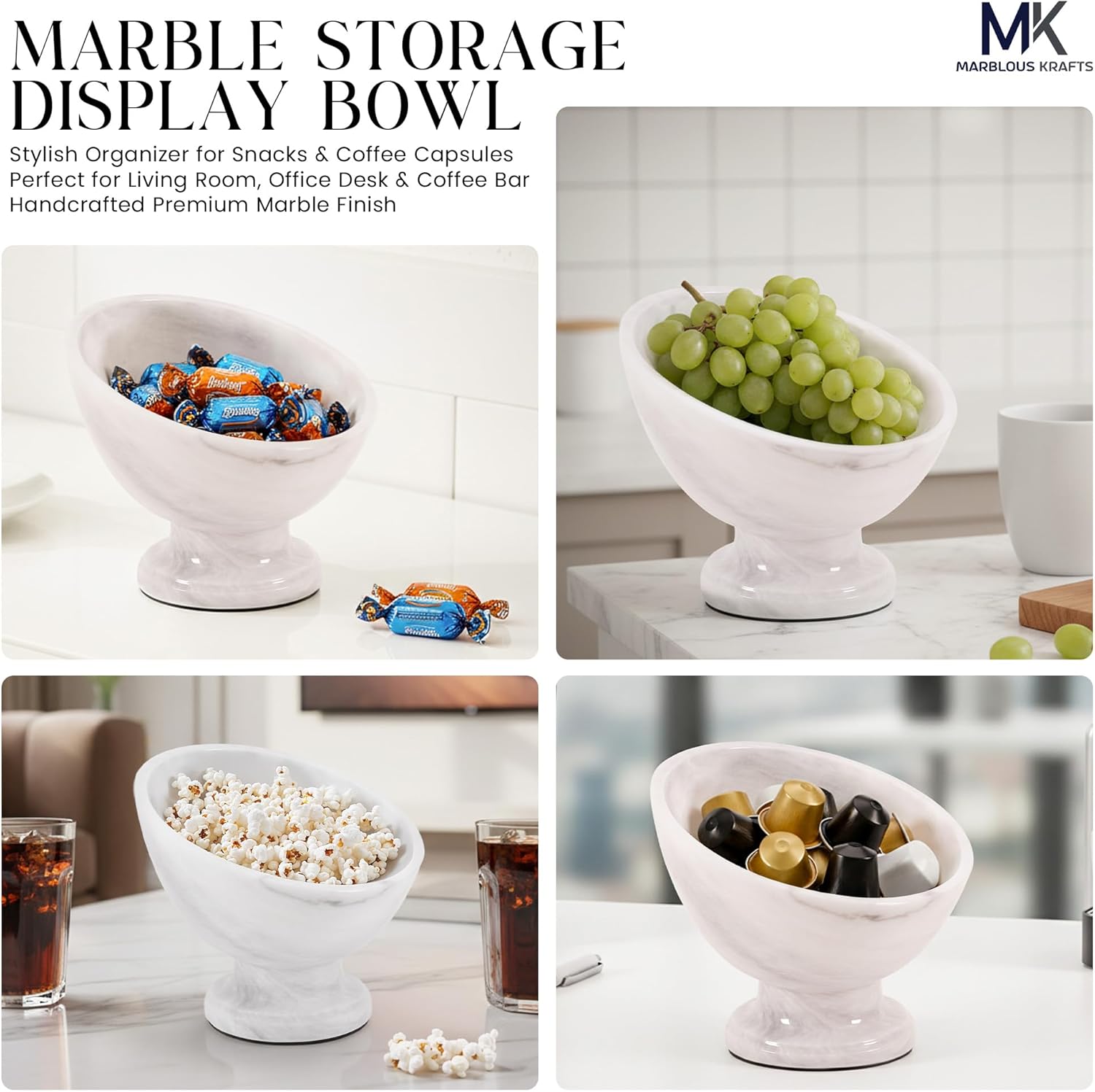 Marble Coffee Pod Holder White 7 Inch K Cup Storage Bowl for Coffee Bar Setup, Stylish Kitchen Organizer for Candy, Nuts, Fruit & Snacks Countertop