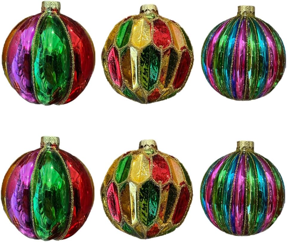 Set 6 palline vetro soffiato 8 cm multicolor per albero di Natale