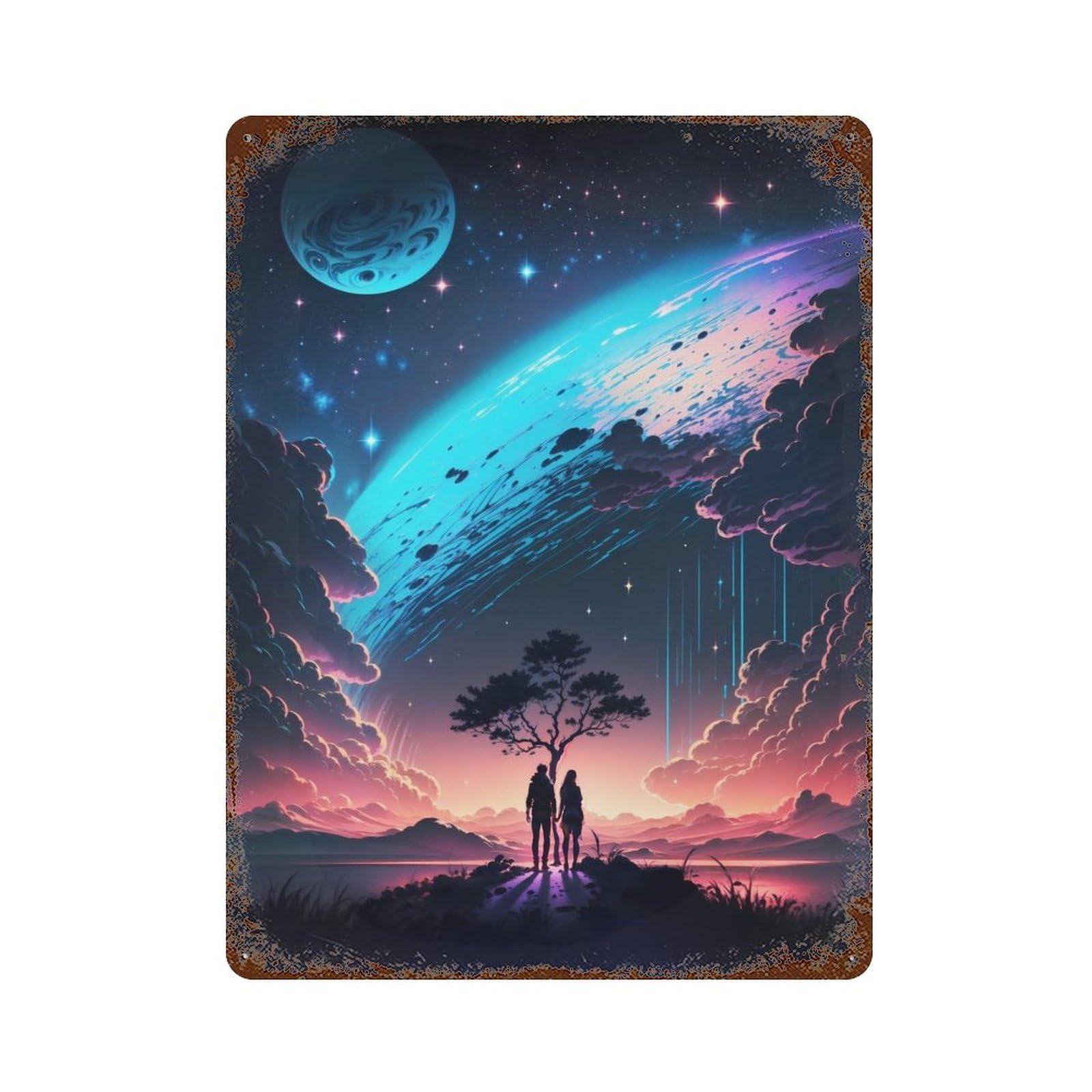 Astral Galaxy Landscape Distressed Metal Wall Sign 15.7"x11.8", Ideal for Cafe, Home Bar And Lounge Decor