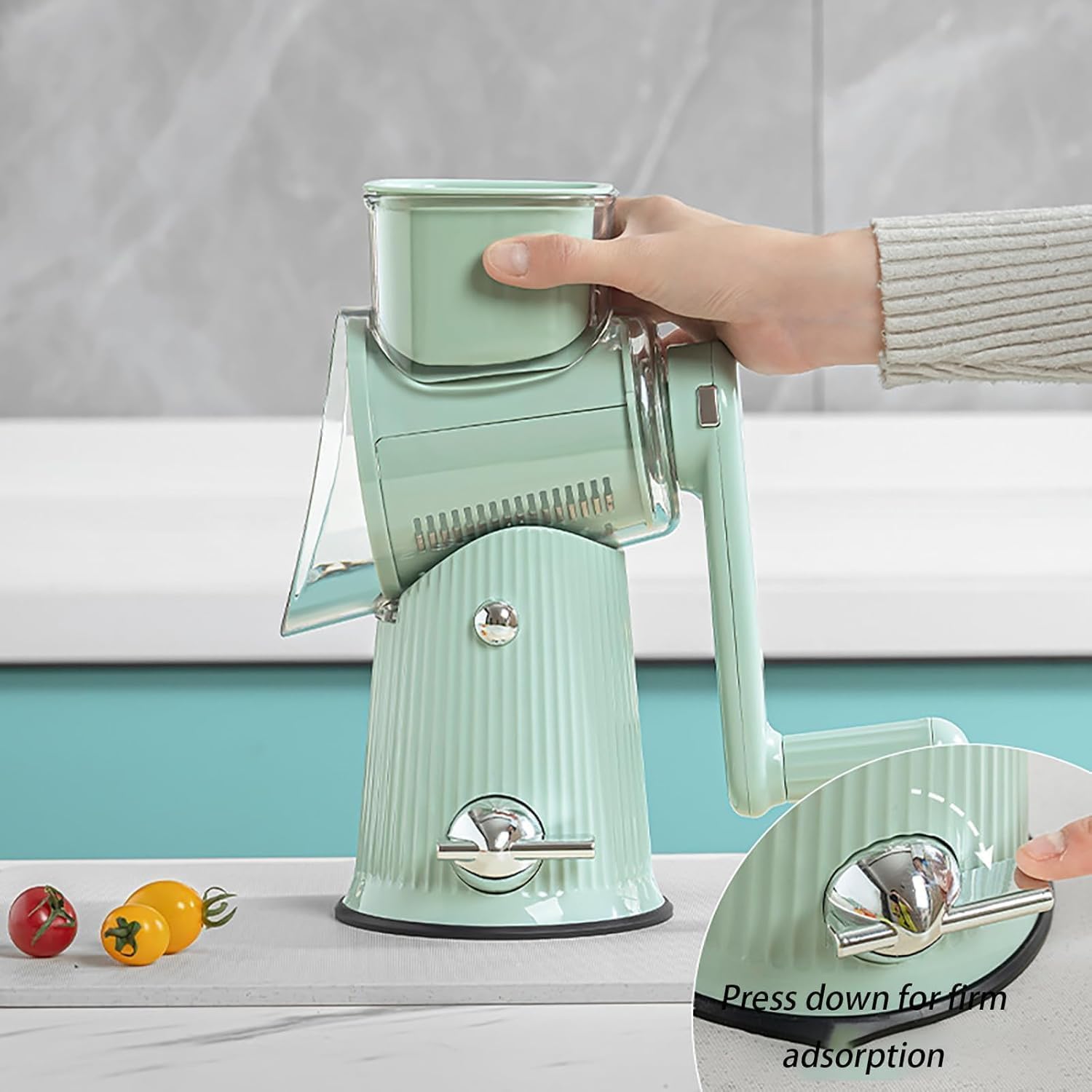 5-in-1 Rotary Food Chopper & Grater – Hand Crank, Stainless Blades, With Suction Base (Green)