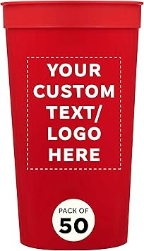 Custom Plastic Stadium Cups 32 oz. Set of 50, Personalized Bulk Pack - Perfect for Summer, Sporting Events, Birthdays, Picnic, Beach, Parties - Red