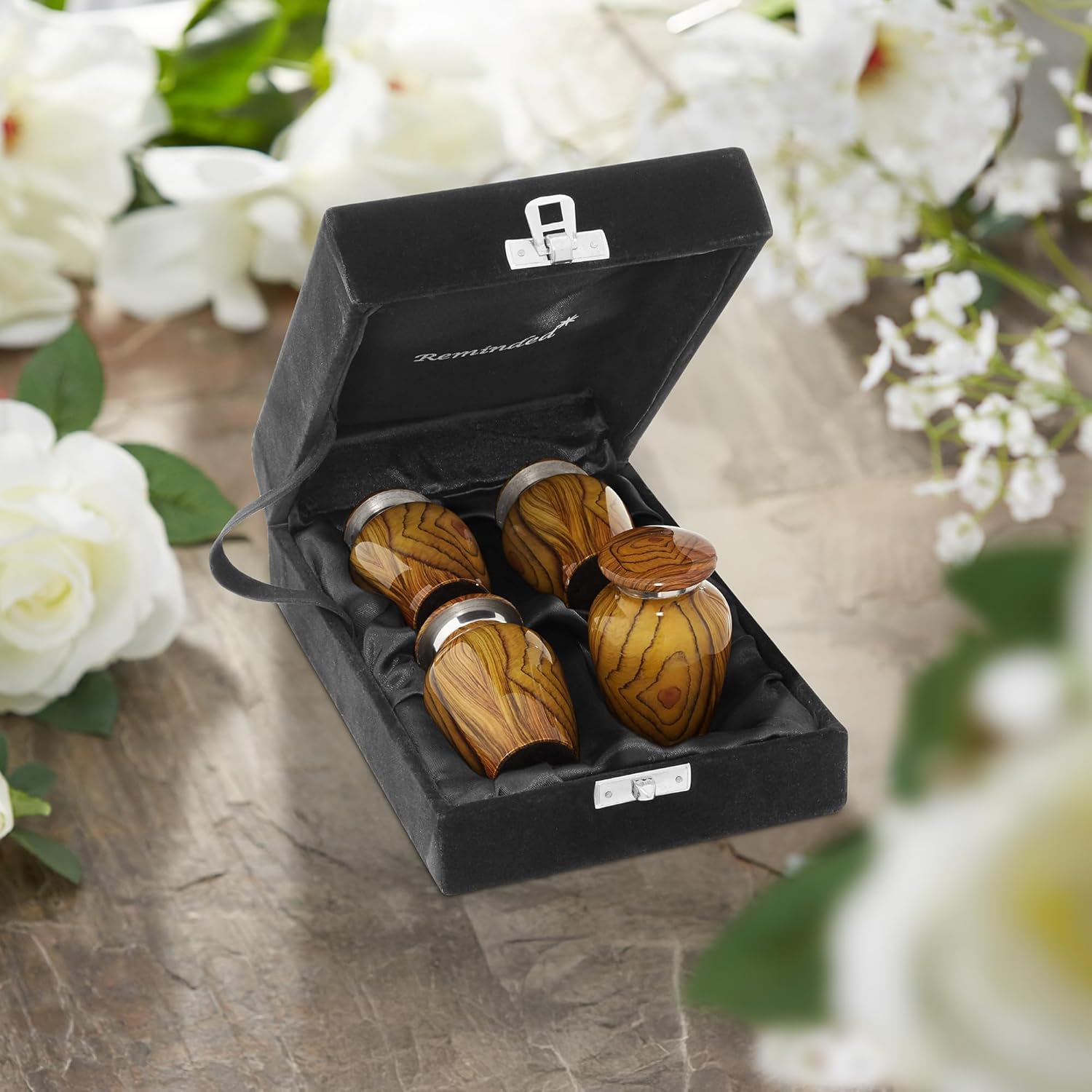 Reminded Small Cremation Keepsake Urns for Human Ashes, Set of 4 Teak Wood Grain Miniature Urns with Velvet Case and Bags