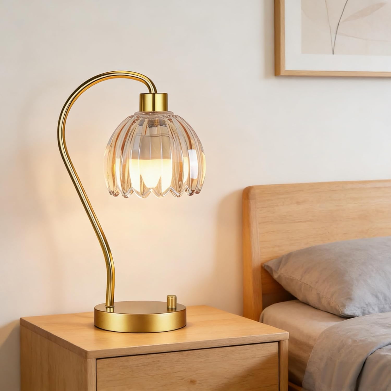 ILLMTW Small Table Lamp Set of 2,Gold Bedside Lamps Dimmable Boho Bedroom Lamp with Glass Tulip Flower Amber Lamp Shade,Vintage Mid Century Modern Mini Nightstand Lamp for Bedroom Living Room