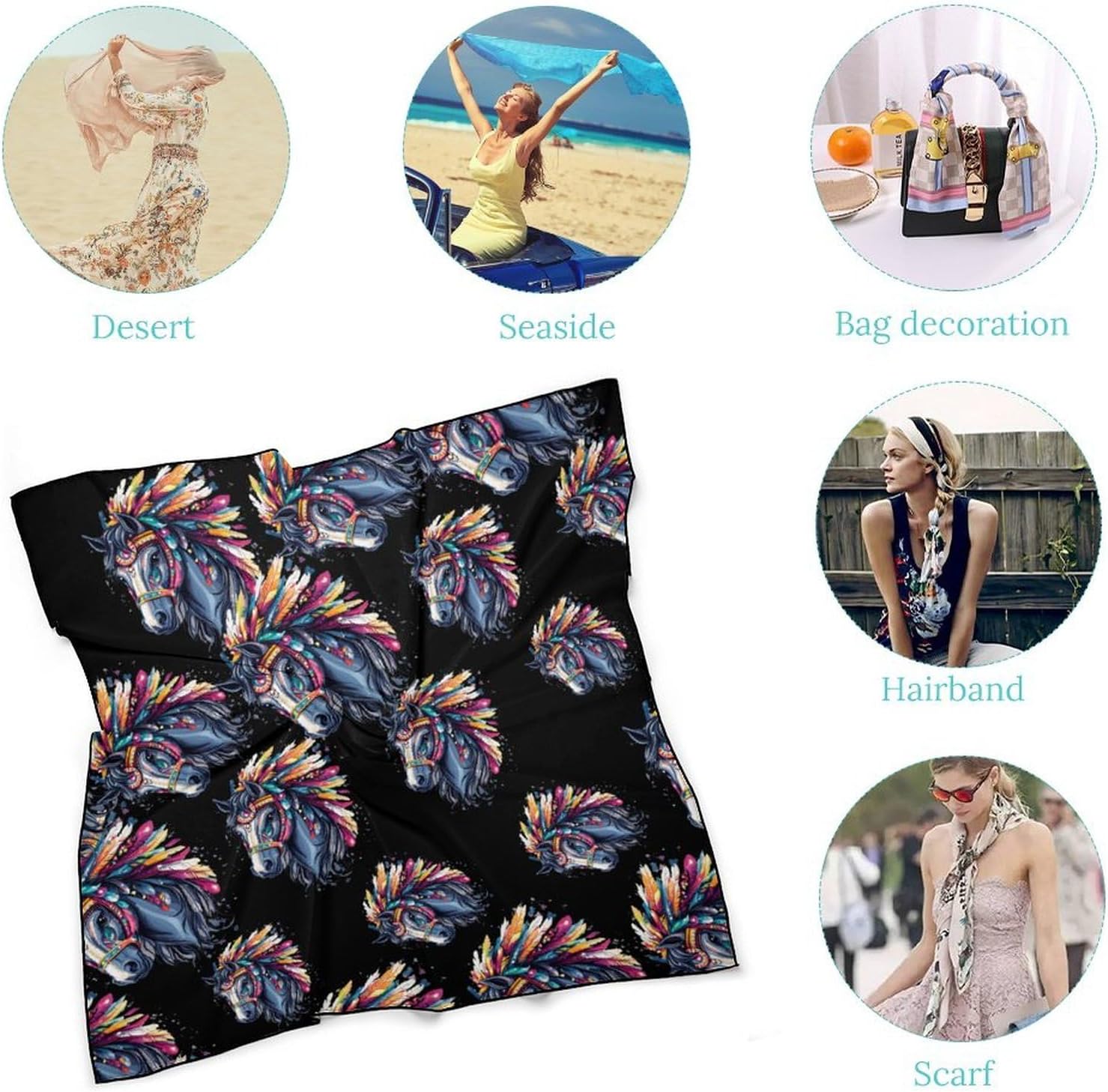 Horse Riding Native US Indian Bandana Fashion Head Scarf Square Silk Scarf Print Neck Hair Scarfs for Women Men Gifts