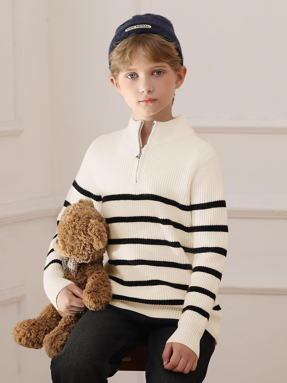 Haloumoning Boys Striped Quarter Zip Sweater Kids Fashion Long Sleeve Knit Pullover Sweaters Tops 5-14 Years - Image 4