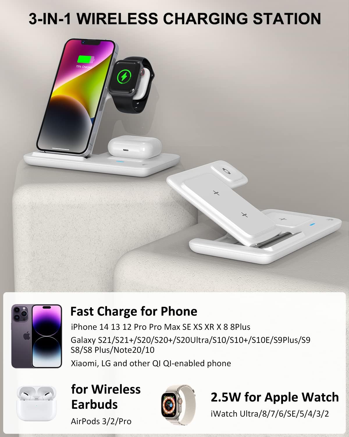 Wireless Charging Station, 3 in 1 Wireless Charger Compatible with iPhone 14/13 Pro/13/12/11/Pro/SE/XS/XR/X/8 Plus/8, 18W Wireless Charging Dock Stand for Apple Watch Series & Airpods (with Adapter)