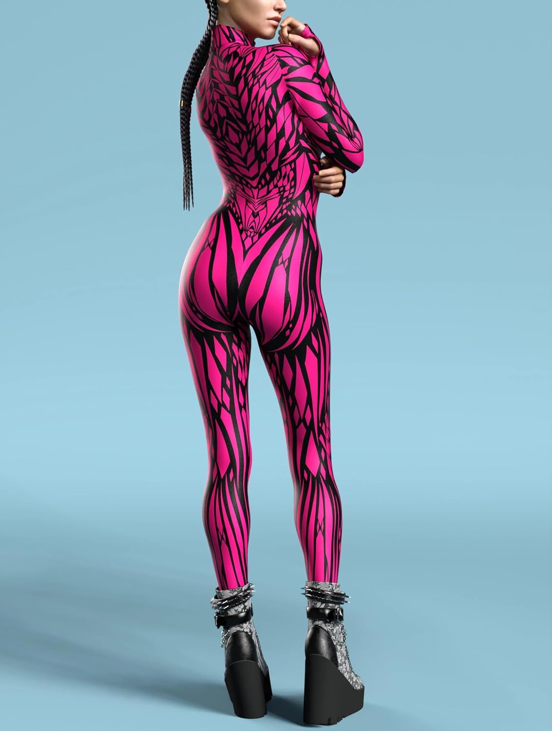 Neon Pink Symbiote Bodysuit Women Sci-Fi Fantasy Party Cosplay Costume Venom Style Jumpsuit with Hidden Zipper