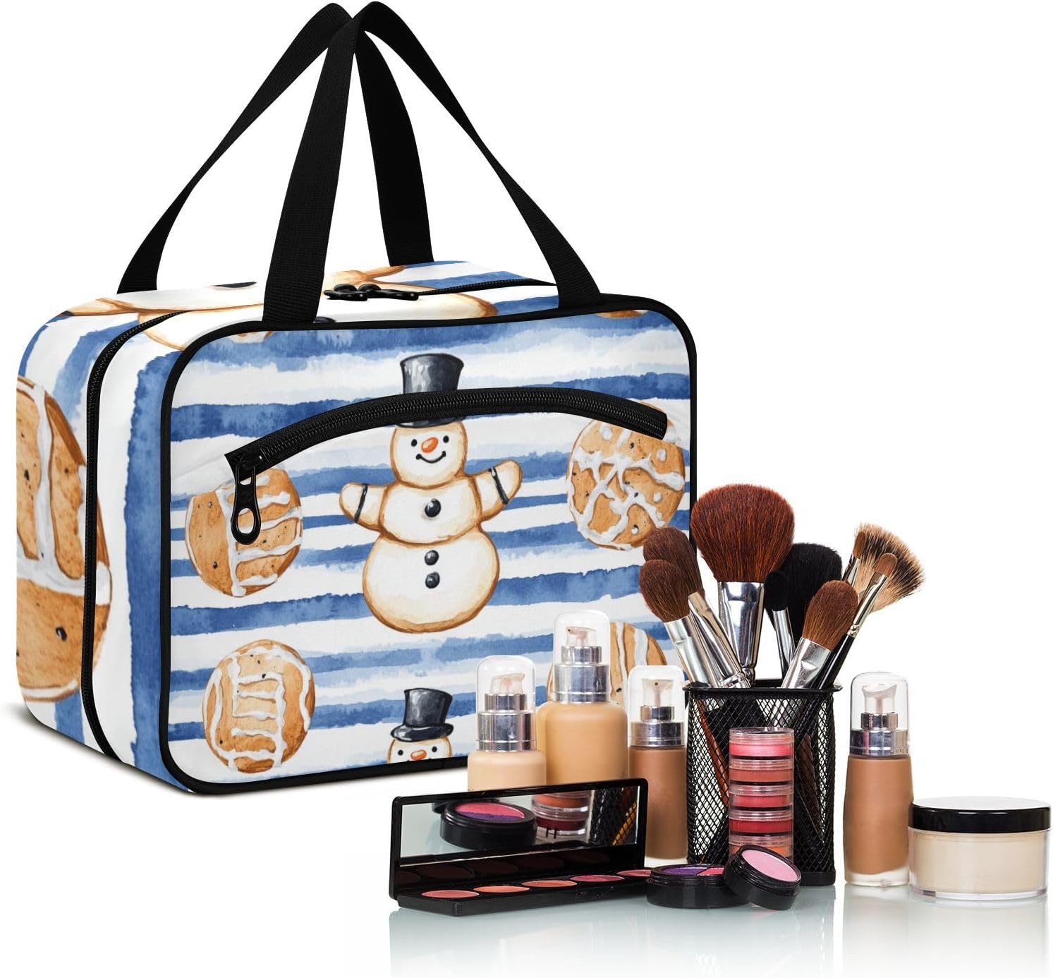 Black Gingerbread Snowman Royal Blue Striped hanging toiletry kit for men with hook, designer chic toiletry kit for travel essentials vacation bolso para maquillaje L