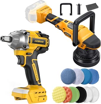 20V Cordless Polisher and Impact Wrench Bundle for DeWalt Battery Brushless 15mm Dual Action Polisher + 500Nm 369Ft-Lbs Torque Impact Wrench, Includes Pads & Accessories No Battery