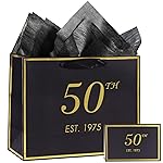 momoake 50th Birthday Gift Bag with Card and Tissue Paper for Men Women Him, 1975 50 Year Old 13 Elegant Black Gold Anniversary Keepsake Party Present Shopping Paper Bags for Gifts Wrapping