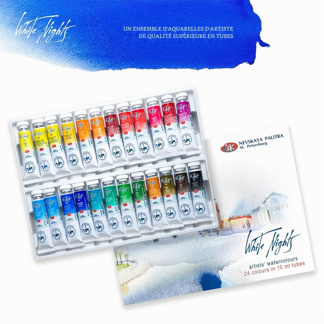 Artefacto Lot de 24 peintures aquarelles professionnelles en tubes, 4 pinceaux Roubloff, 20 feuilles de 300 g/m², 100 % coton, 31 x 21 cm, palette Pebeo Masking Fluid et accessoires dans une boîte