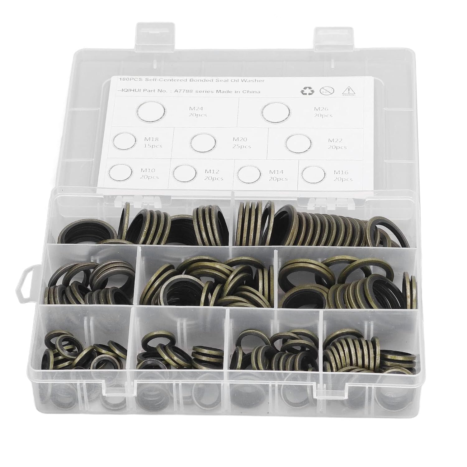 180Pcs Oil Seal Washer Set, Bonded Seal Washer for Oil Drain Plug Gasket, Self Centered Rubber and Alloy Steel Sealing Washers with Storage Box for Automotive and