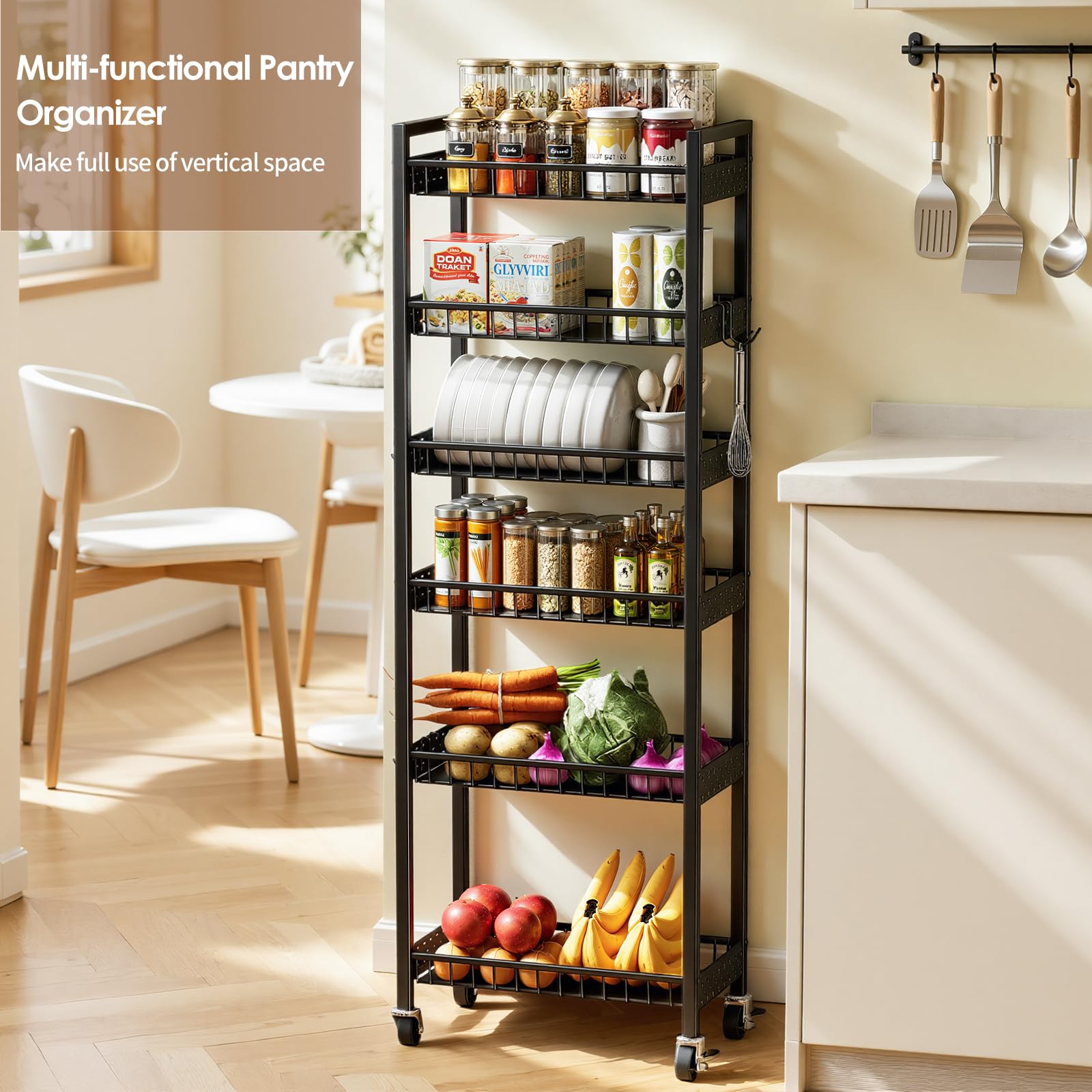 Carrello Portaoggetti Sottile, Carrello a 6 Ripiani con Ruote, Scaffalatura Sottile Mobile Multiuso per Cucina, Bagno, Lavanderia, Soggiorno, Spazi Ristretti, 9,84 pollici (L)