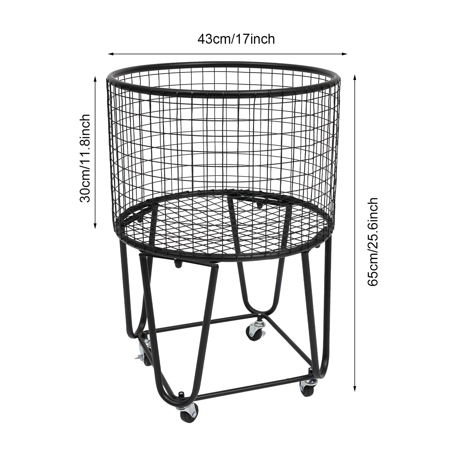 Cesto Portabiancheria con Ruote, Carrello Portaoggetti in Rete Metallica Maniglie, Contenitore Mobile per La Selezione dei Vestiti, Organizer Biancheria Filo Metallico Black Round