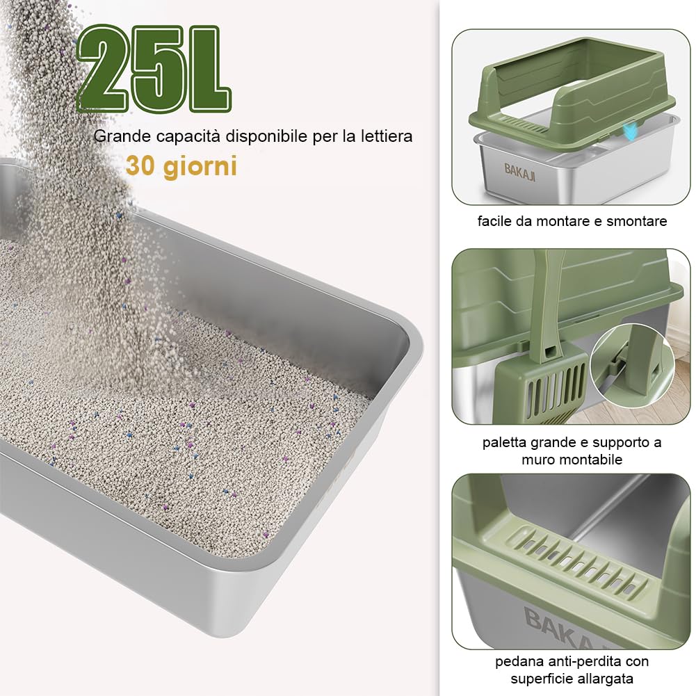 BAKAJI Litière pour Chat XL Ouverte avec Base en Acier avec Sac Anti-Sable, Pelle pour Collecte, Tapis Anti-saleté, Base antidérapante, capacité 25 litres, Couleur Verte, 50 x 35 x 30 cm