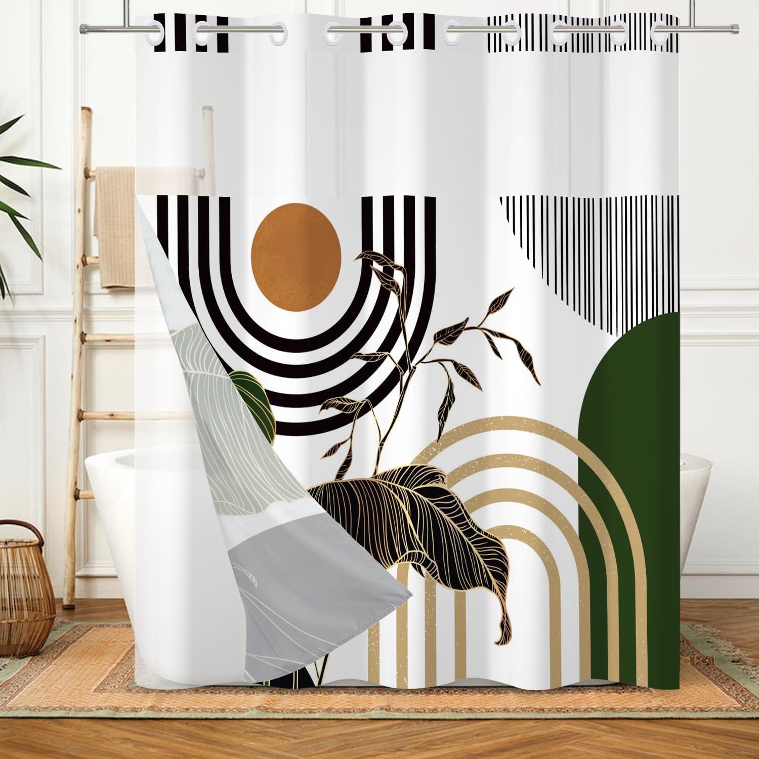 DASHAN Olive Green and Gold No Hook Shower Curtain with Snap in Liner Mid Century Boho Shower Curtains for Bathroom, Abstract Modern Bathroom Curtain Hotel Fabric Bath Curtains 71"x74"
