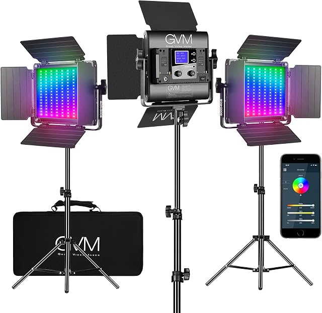 GVM RGB LED Video Lights with Stand, 800D APP Control Full Color Photography Panel Lighting Kit, CRI97+ Bi Color 3200K-5600K for Camera Photo Studio YouTube (3 Pack)