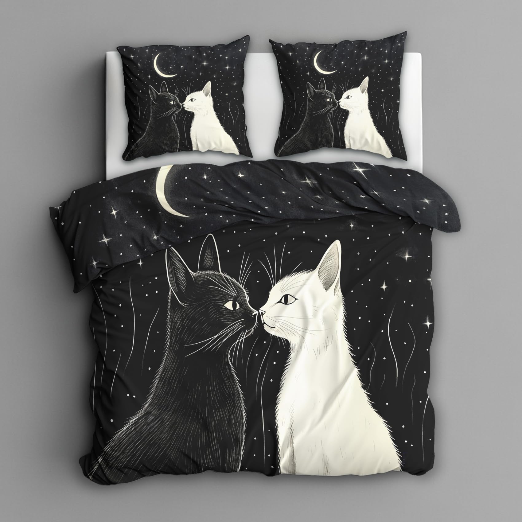 Generisch Bettwäsche 135x200 Katze Schwarz Weiß, Witchy Sternenhimmel Bettbezug 135x200 2 Teilig, mikrofaser Bettwäsche mit Reißverschluss und 1 Kissenbezüge 80x80cm, Schlafzimmer Deko Katze - to178