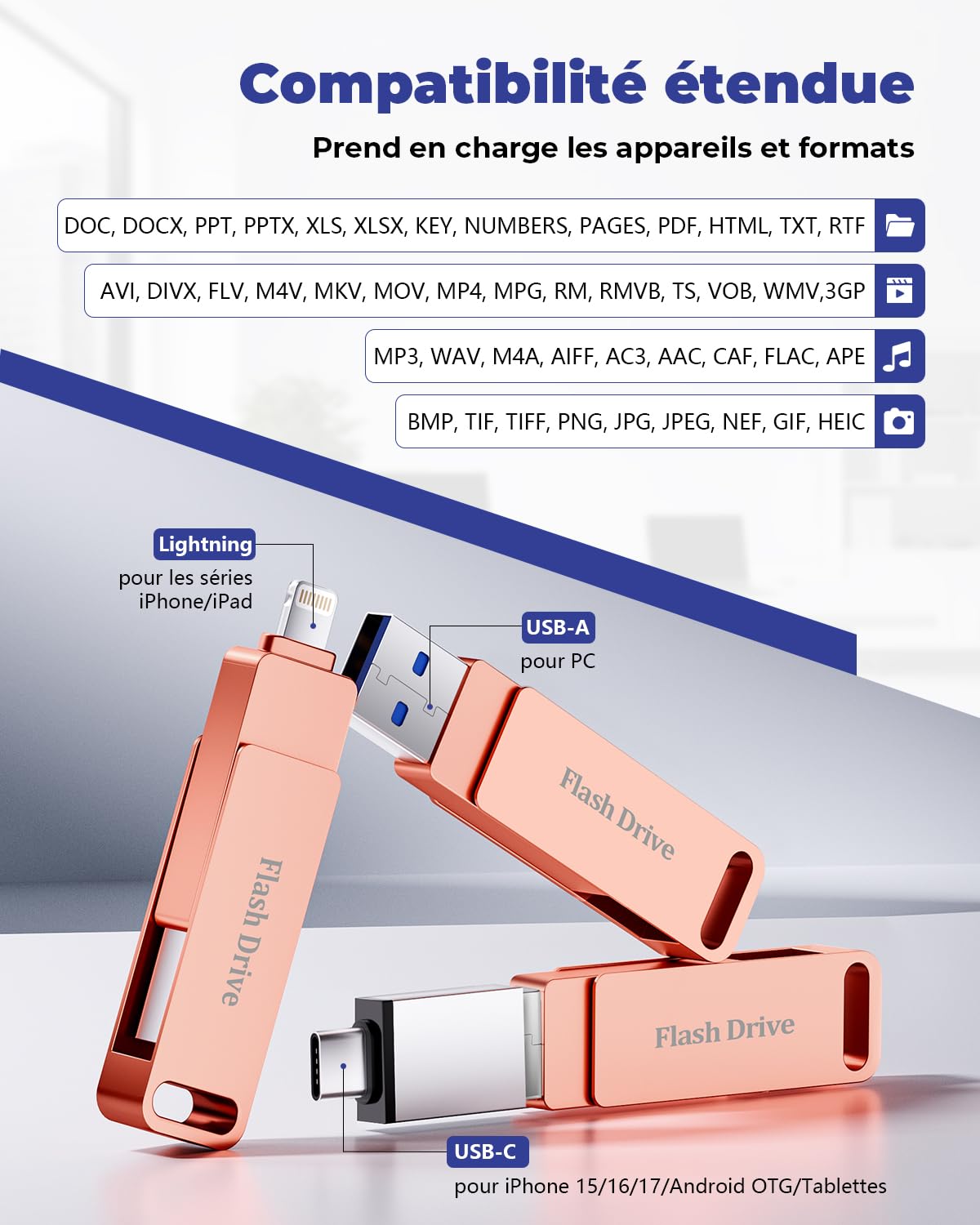MFi Cle USB 256 Go pour iPhone, Clé USB C, Lightning,Stockage Réel | 3 en 1 Clef USB pour iPhone,iPad,Android OTG Telephone,Mac,PC,Stockage Externe Flash Drive Transfert Photos,Vidéos,Données