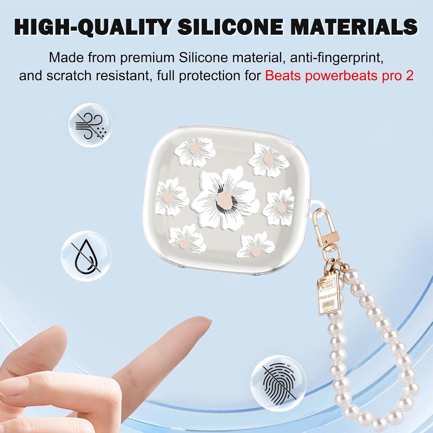 CameCosy Transparent Case Compatible for Beats Powerbeats Pro 2 2025 with Pearl Bracelet Keyring, Silicone Cover with White Flowers Pattern for Girls, Shockproof Waterproof Anti-Scratches Anti-dust - Image 5