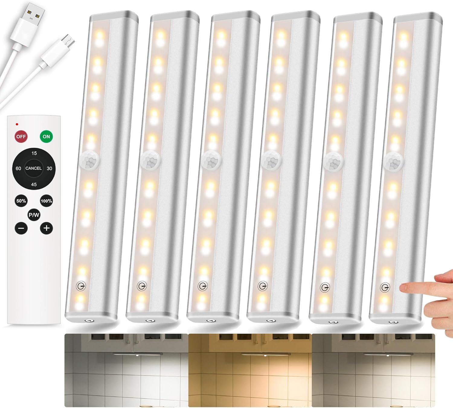 Under Cabinet Lights, 20LED Under Cabinet Lighting Rechargeable, Remote LED Closet Lights Bar, Under Counter Lights for Kitchen Shelf Pantry Shelf Hallway Stairs, 3 Colors 6 Pack