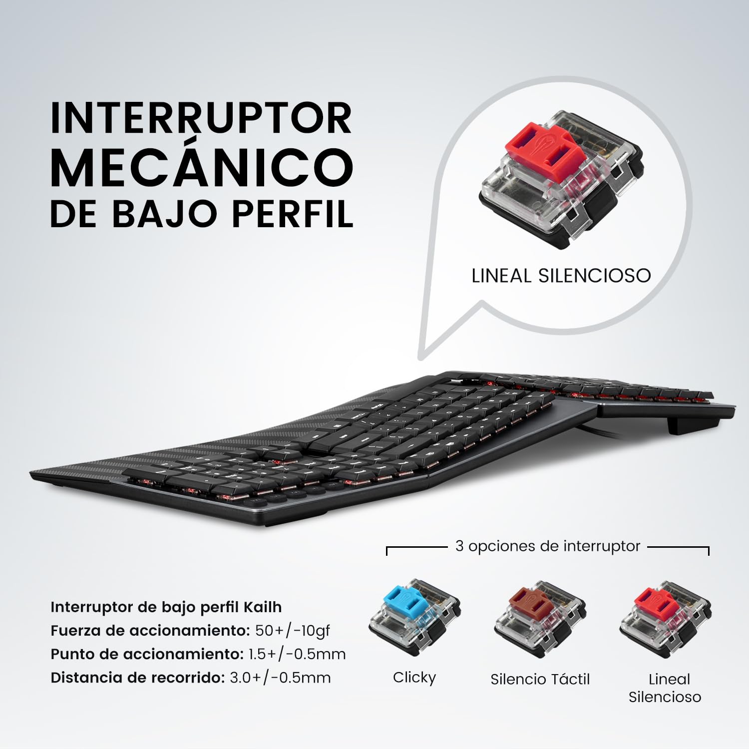Perixx PERIBOARD-535RD Teclado ergonómico mecánico con Cable - Full Size - Red Linear Switches de Perfil bajo - Teclas Macro programables - Compatible con Windows y Mac OS X - Layout QWERTY Español