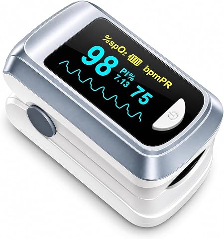 Fingertip Pulse Oximeter Blood Oxygen Saturation Monitor with OLED Screen, Lanyard, and Batteries